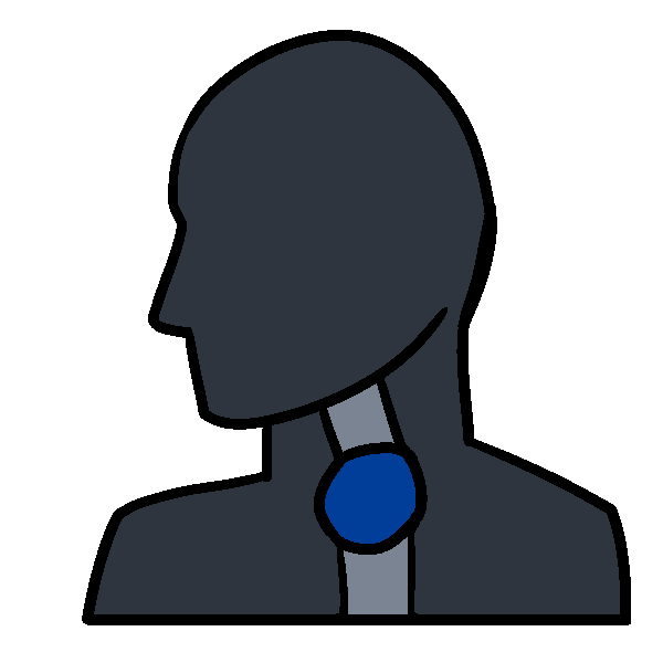 A drawing of a head and throat in profile. Inside the esophagus is a blue circle, causing the esophagus to bulge.